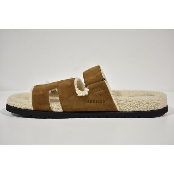 Hermes Chypre Sandal Mens Suede Shearling Fur H Logo Slide Slip On Flat 44 11 main image 8
